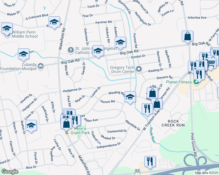 map of restaurants, bars, coffee shops, grocery stores, and more near 219 Louise Drive in Morrisville