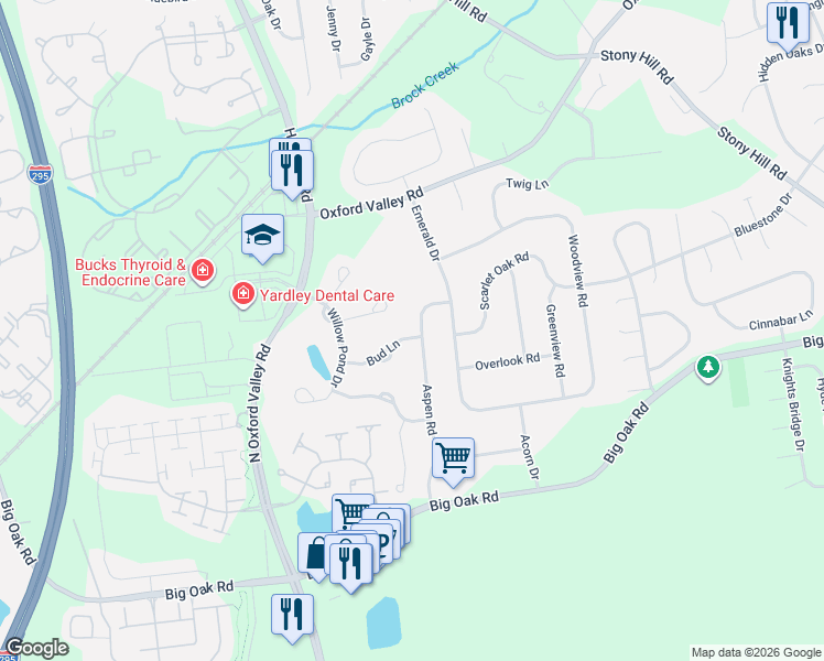 map of restaurants, bars, coffee shops, grocery stores, and more near 281 Aspen Road in Yardley