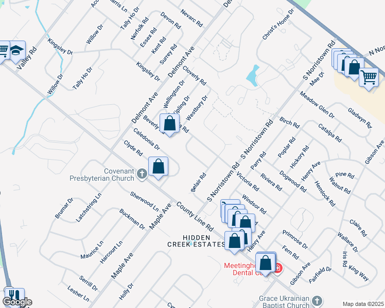map of restaurants, bars, coffee shops, grocery stores, and more near 1212 Cambridge Road in Warminster