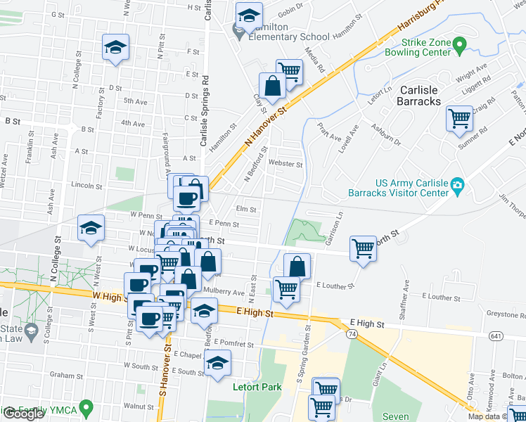 map of restaurants, bars, coffee shops, grocery stores, and more near 335 North East Street in Carlisle
