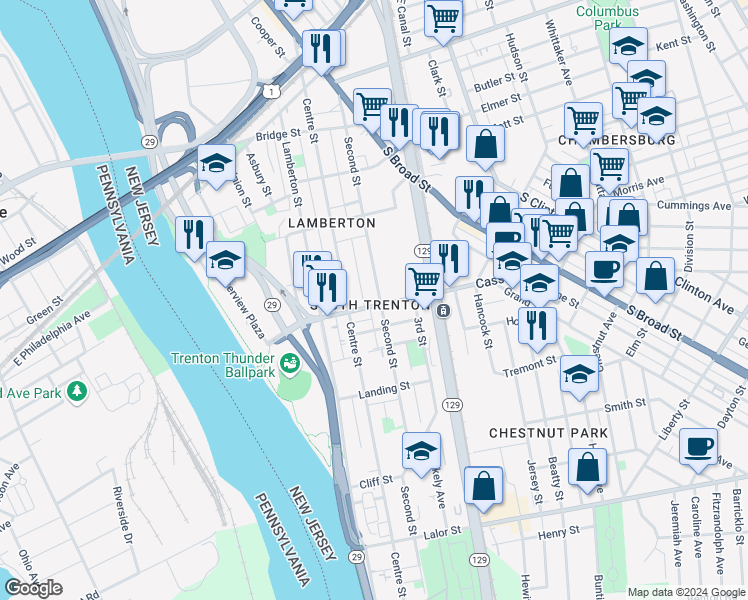 map of restaurants, bars, coffee shops, grocery stores, and more near 360 Cass Street in Trenton