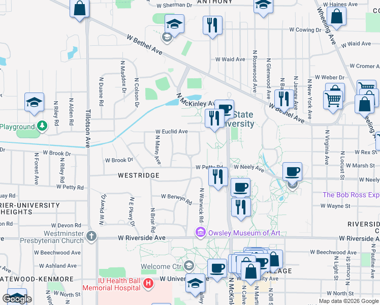 map of restaurants, bars, coffee shops, grocery stores, and more near 1404 North Lorraine Avenue in Muncie