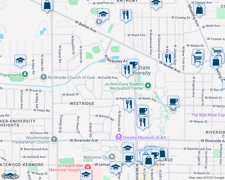 map of restaurants, bars, coffee shops, grocery stores, and more near 2100 West Parkway Drive in Muncie