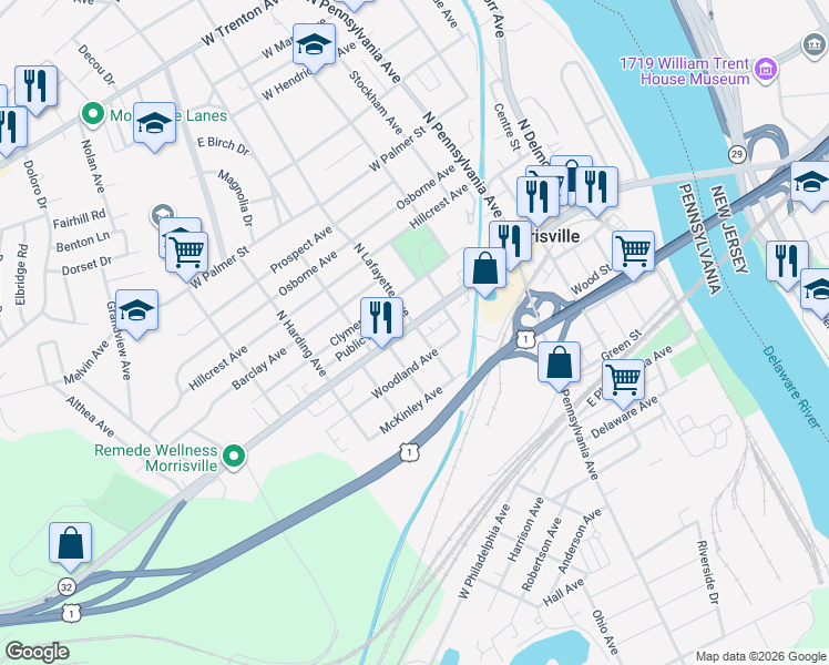 map of restaurants, bars, coffee shops, grocery stores, and more near 301 West Bridge Street in Morrisville