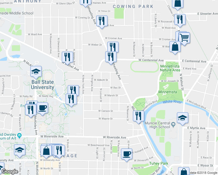 map of restaurants, bars, coffee shops, grocery stores, and more near 1002 West Rex Street in Muncie