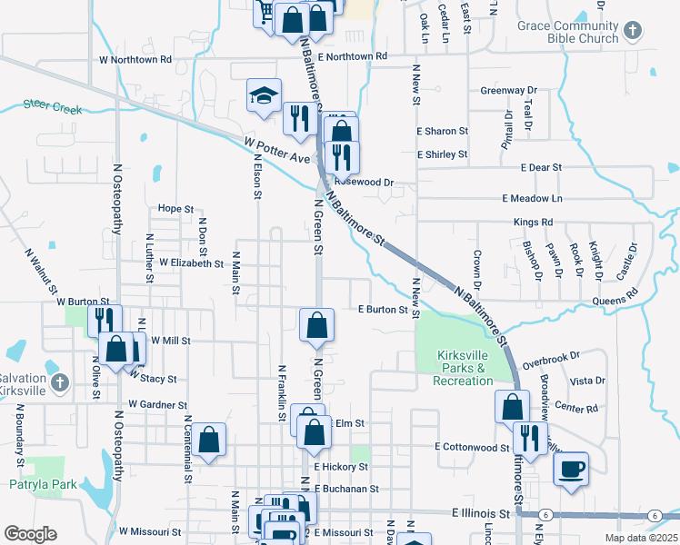 map of restaurants, bars, coffee shops, grocery stores, and more near 203-299 East Porter Street in Kirksville