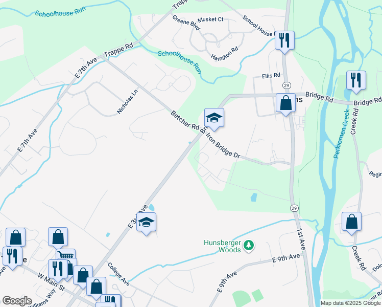 map of restaurants, bars, coffee shops, grocery stores, and more near 277 East 3rd Avenue in Collegeville