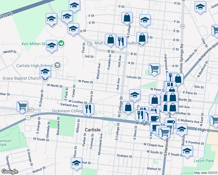 map of restaurants, bars, coffee shops, grocery stores, and more near 350 West Penn Street in Carlisle