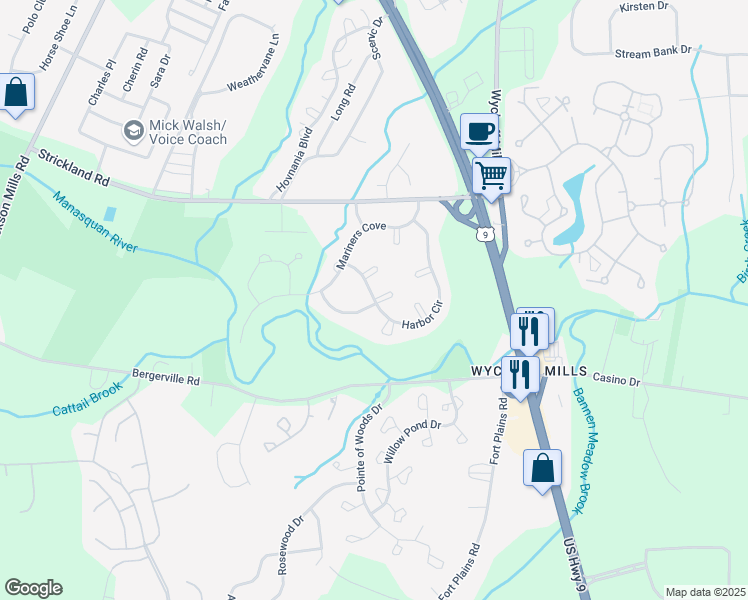 map of restaurants, bars, coffee shops, grocery stores, and more near Harbor Cir & Farragut Square in Freehold