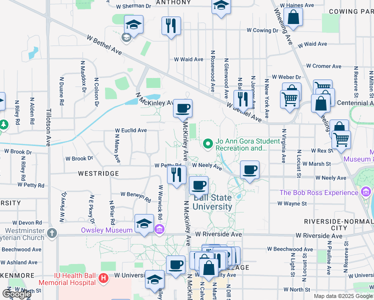 map of restaurants, bars, coffee shops, grocery stores, and more near 1601 North McKinley Avenue in Muncie
