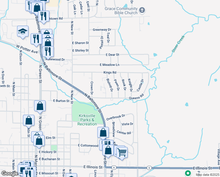 map of restaurants, bars, coffee shops, grocery stores, and more near 1402 Bishop Drive in Kirksville