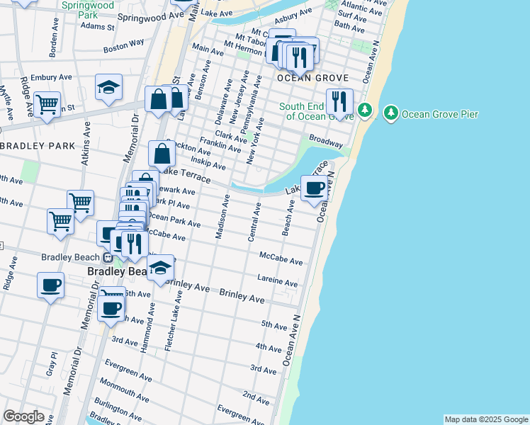map of restaurants, bars, coffee shops, grocery stores, and more near 1001 Central Avenue in Bradley Beach
