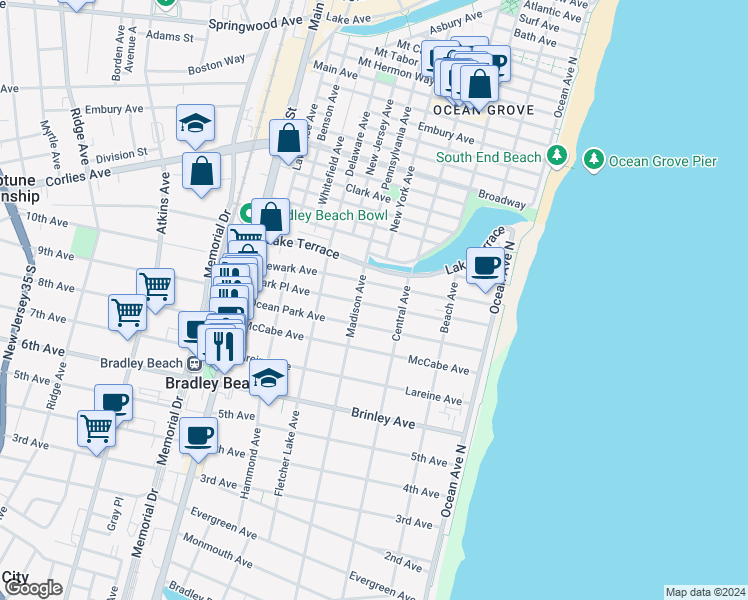 map of restaurants, bars, coffee shops, grocery stores, and more near 314 Park Place Avenue in Bradley Beach