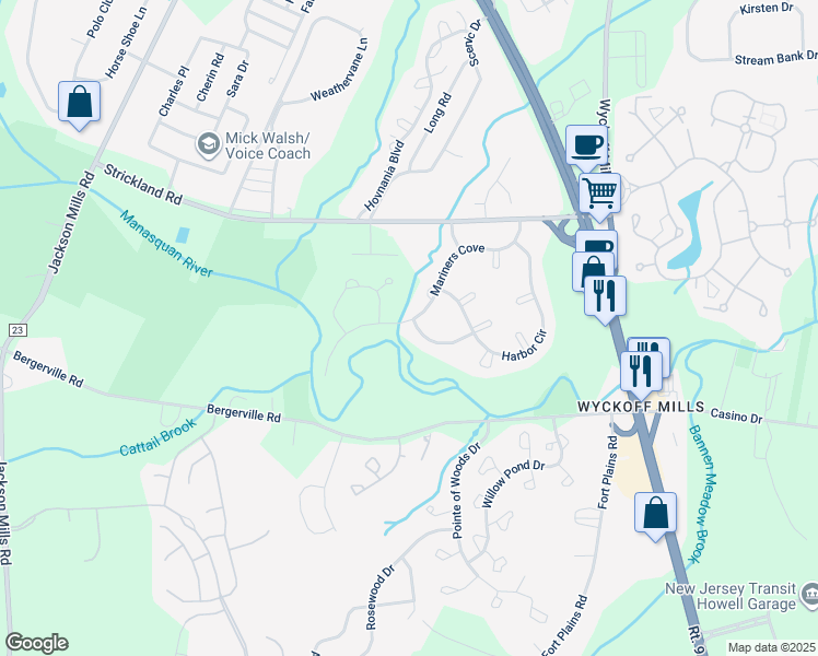 map of restaurants, bars, coffee shops, grocery stores, and more near 70 Mariners Cove in Freehold