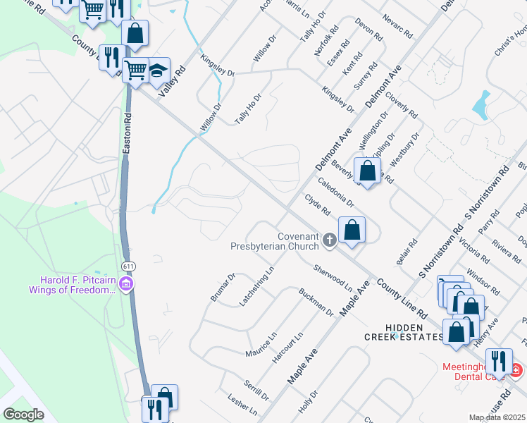 map of restaurants, bars, coffee shops, grocery stores, and more near 606 Winding Road in Hatboro