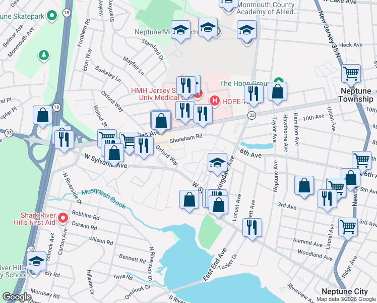map of restaurants, bars, coffee shops, grocery stores, and more near 1227 Holmes Court in Neptune City