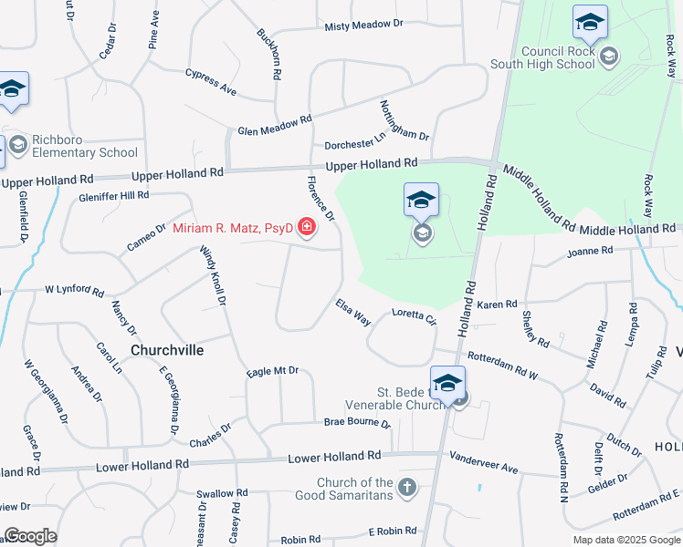 map of restaurants, bars, coffee shops, grocery stores, and more near 41 Florence Drive in Churchville