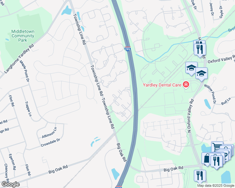 map of restaurants, bars, coffee shops, grocery stores, and more near 13208 Cornerstone Drive in Yardley