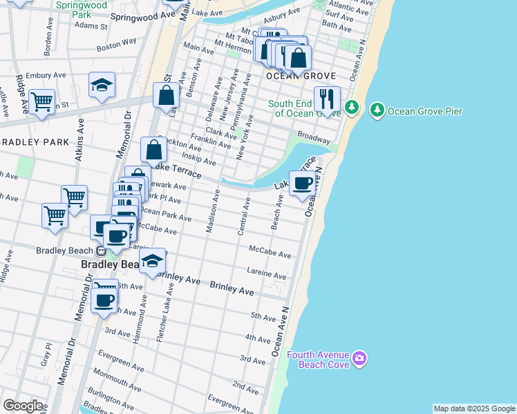 map of restaurants, bars, coffee shops, grocery stores, and more near 206 Newark Avenue in Bradley Beach