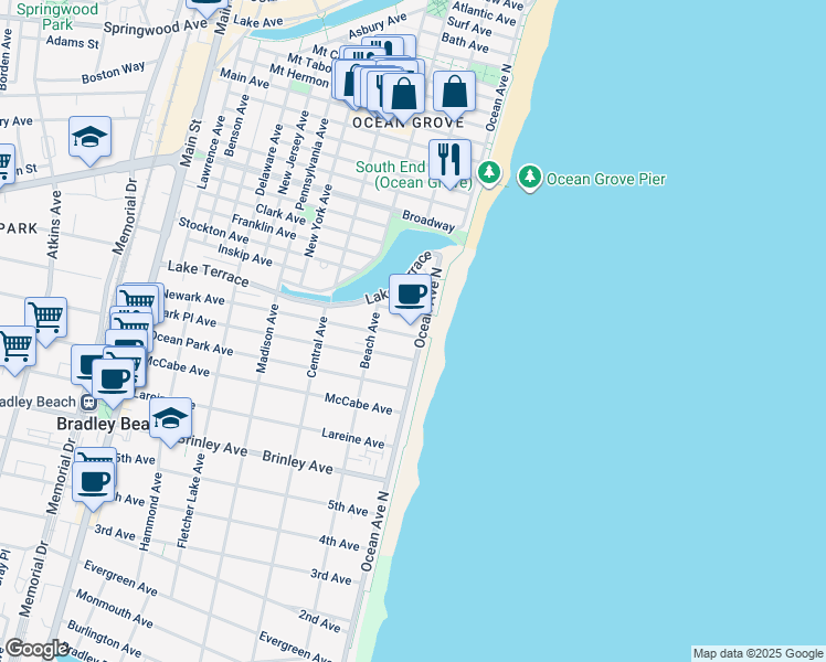 map of restaurants, bars, coffee shops, grocery stores, and more near 1101-1103 Ocean Avenue North in Bradley Beach