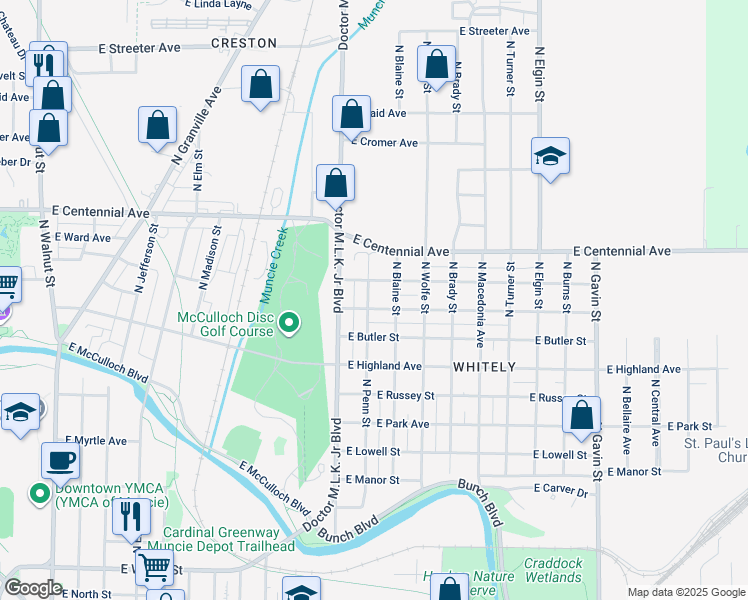 map of restaurants, bars, coffee shops, grocery stores, and more near 1300 East Hines Street in Muncie