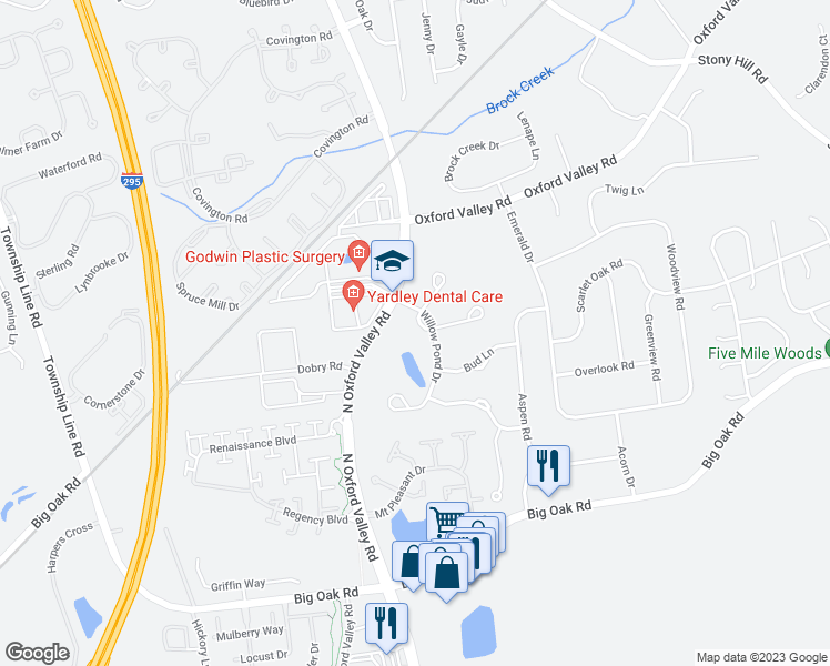 map of restaurants, bars, coffee shops, grocery stores, and more near 299 Cricket Court in Yardley