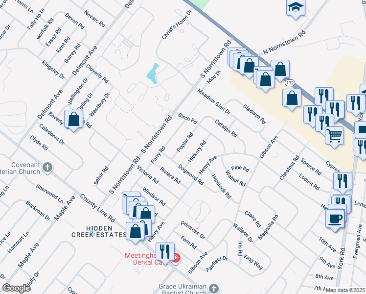 map of restaurants, bars, coffee shops, grocery stores, and more near 281 Poplar Road in Warminster