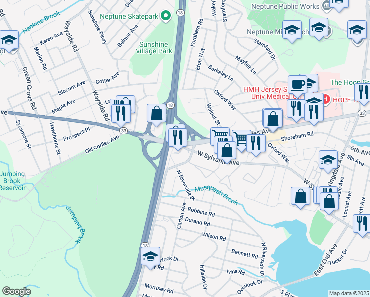 map of restaurants, bars, coffee shops, grocery stores, and more near 401 West Sylvania Avenue in Neptune Township