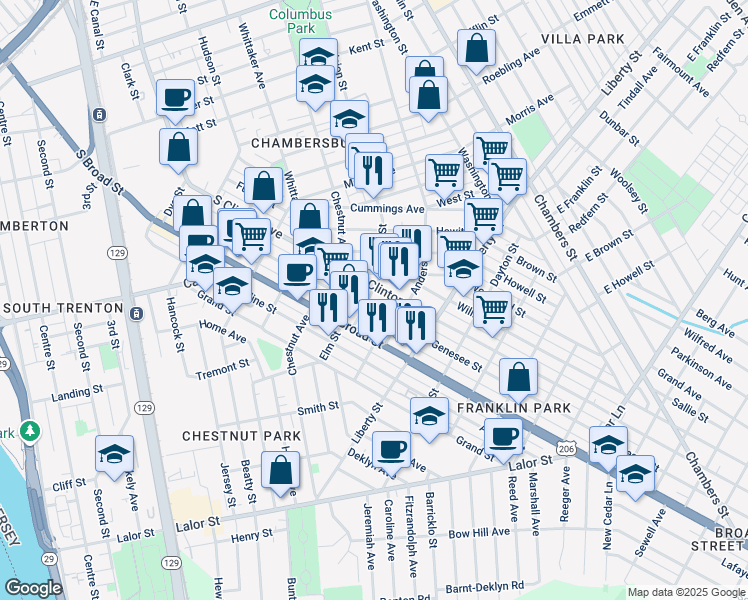 map of restaurants, bars, coffee shops, grocery stores, and more near 1014 Division Street in Trenton