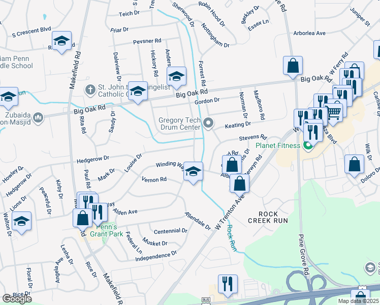 map of restaurants, bars, coffee shops, grocery stores, and more near 208 Valley Road in Morrisville