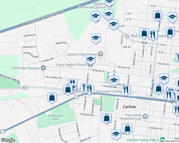 map of restaurants, bars, coffee shops, grocery stores, and more near 160 North Orange Street in Carlisle