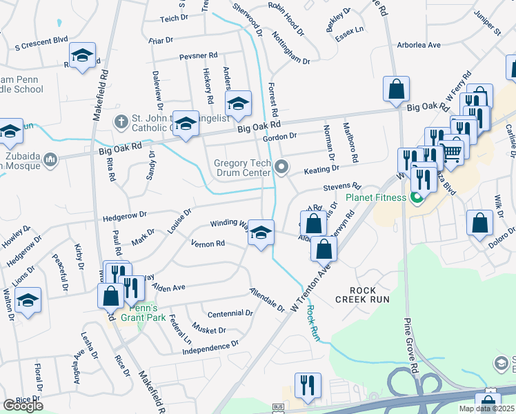 map of restaurants, bars, coffee shops, grocery stores, and more near 208 Valley Road in Morrisville