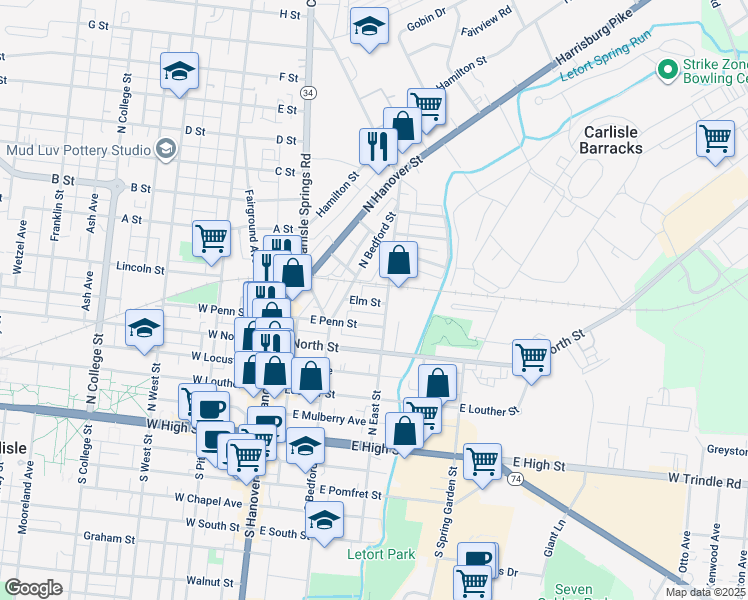 map of restaurants, bars, coffee shops, grocery stores, and more near 141 Elm Street in Carlisle