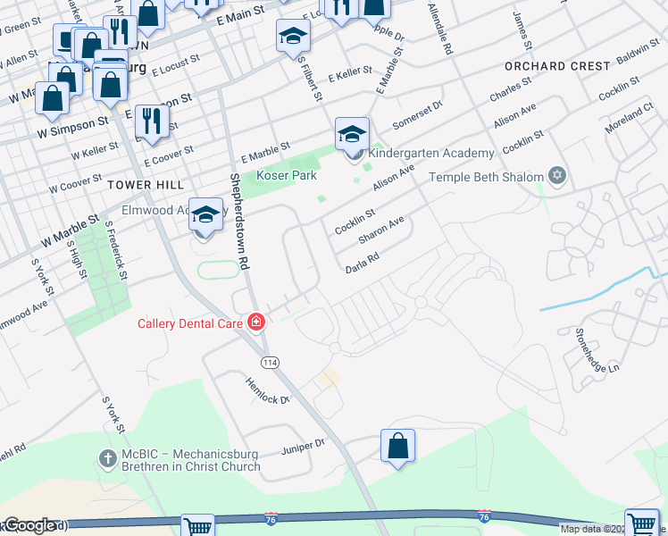 map of restaurants, bars, coffee shops, grocery stores, and more near 808 Darla Road in Mechanicsburg