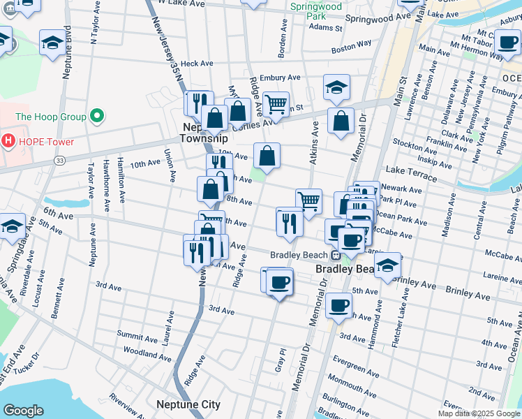 map of restaurants, bars, coffee shops, grocery stores, and more near 1228 8th Avenue in Neptune City