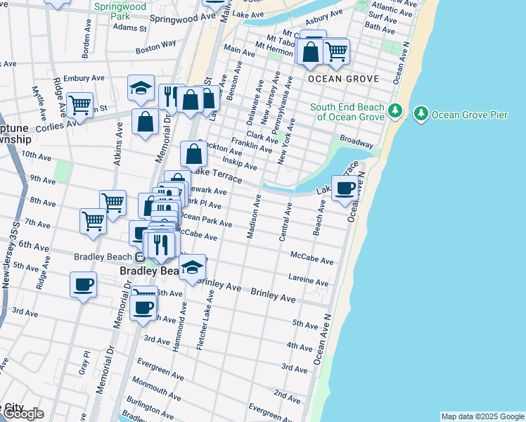 map of restaurants, bars, coffee shops, grocery stores, and more near 316 Park Place Avenue in Bradley Beach