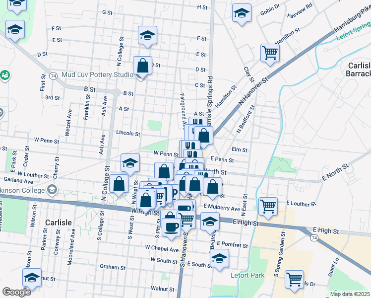 map of restaurants, bars, coffee shops, grocery stores, and more near 1 West Penn Street in Carlisle