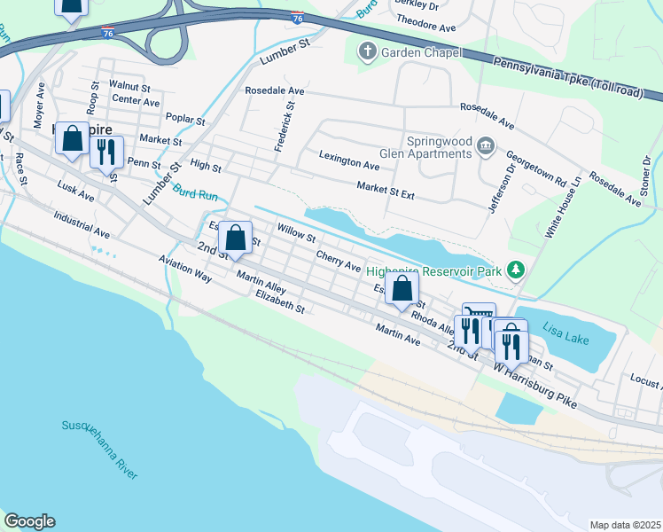 map of restaurants, bars, coffee shops, grocery stores, and more near 516 Eshelman Street in Highspire