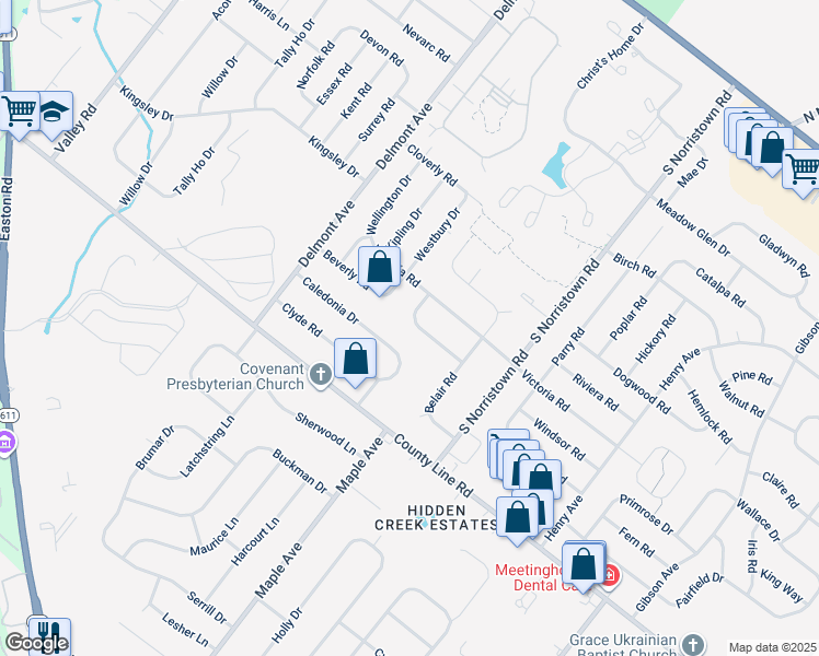 map of restaurants, bars, coffee shops, grocery stores, and more near 1212 Cambridge Road in Warminster