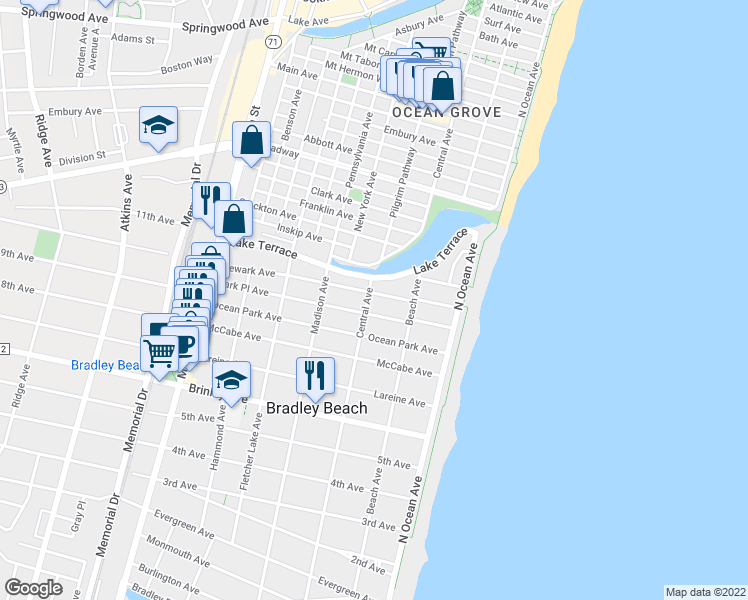 map of restaurants, bars, coffee shops, grocery stores, and more near 1001 Central Avenue in Bradley Beach