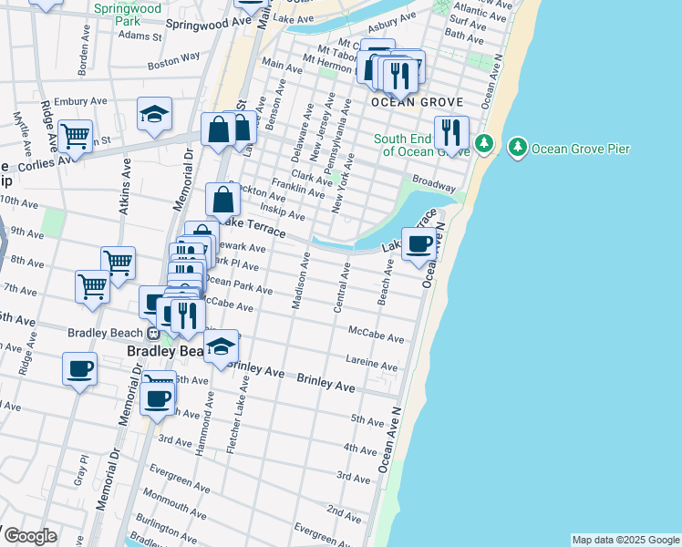map of restaurants, bars, coffee shops, grocery stores, and more near 1001 Central Avenue in Bradley Beach