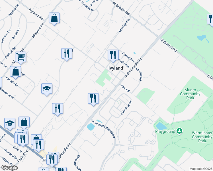 map of restaurants, bars, coffee shops, grocery stores, and more near 32 Willard Avenue in Ivyland