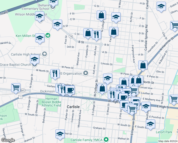 map of restaurants, bars, coffee shops, grocery stores, and more near 350 West Penn Street in Carlisle