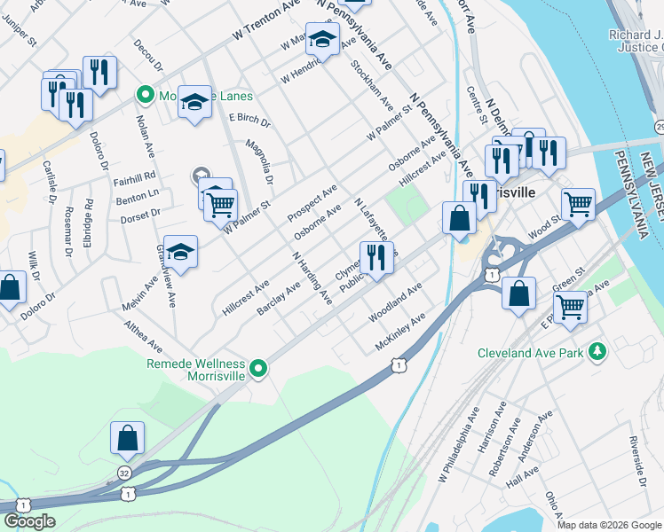 map of restaurants, bars, coffee shops, grocery stores, and more near 407 Barclay Avenue in Morrisville