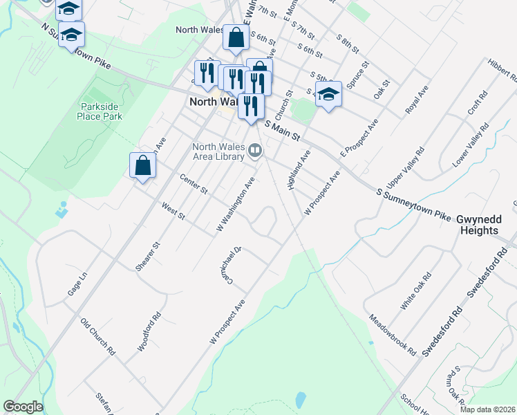 map of restaurants, bars, coffee shops, grocery stores, and more near 348 Windsor Way in North Wales