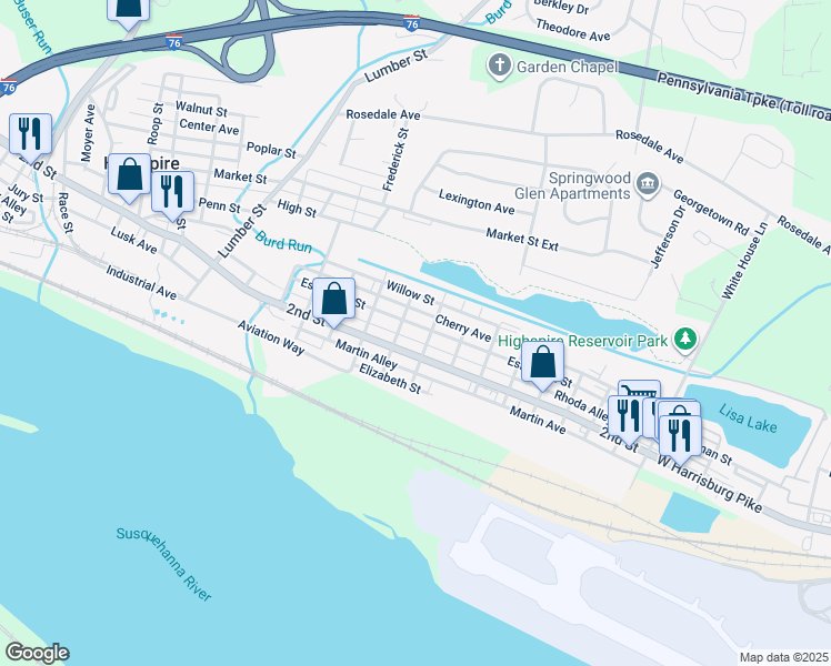 map of restaurants, bars, coffee shops, grocery stores, and more near 489 Eshelman Street in Highspire