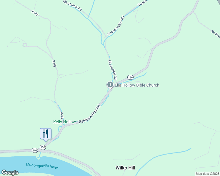 map of restaurants, bars, coffee shops, grocery stores, and more near 3427 Rainbow Run Road in Monongahela