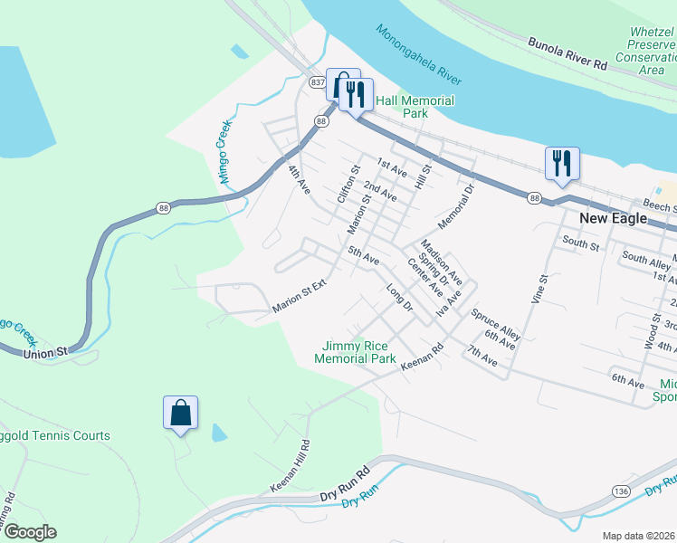 map of restaurants, bars, coffee shops, grocery stores, and more near 807 Marion Street Extension in New Eagle