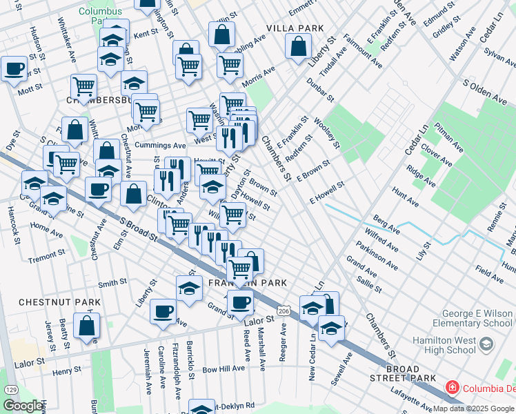map of restaurants, bars, coffee shops, grocery stores, and more near 205 Howell Street in Trenton