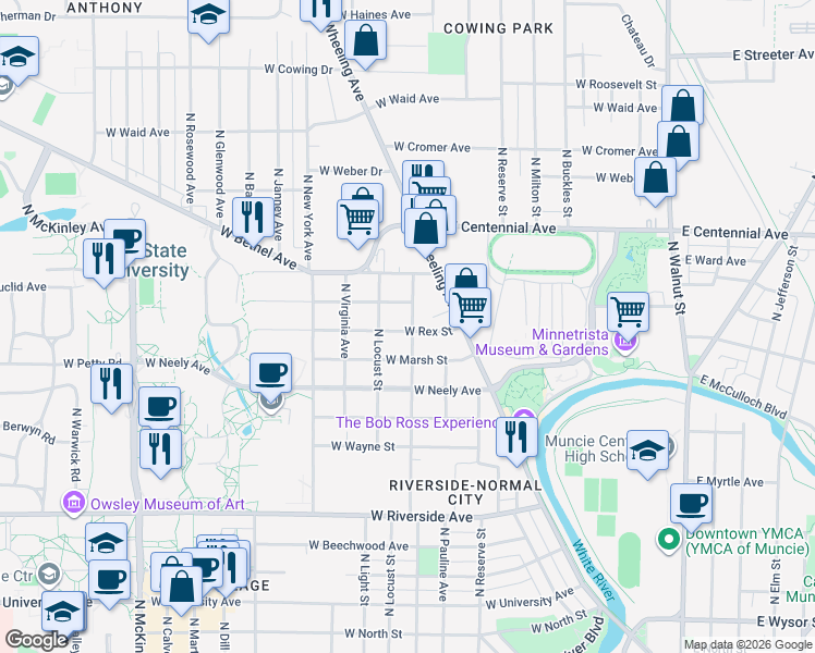 map of restaurants, bars, coffee shops, grocery stores, and more near 1016 West Rex Street in Muncie